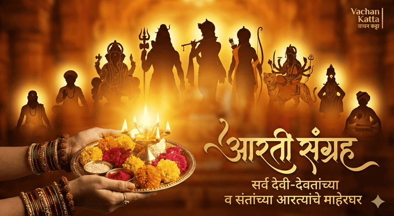 Devotional hands holding lit aarti thali with images of Saints, Shiva, Rama, Krishna, Devi, Vitthal