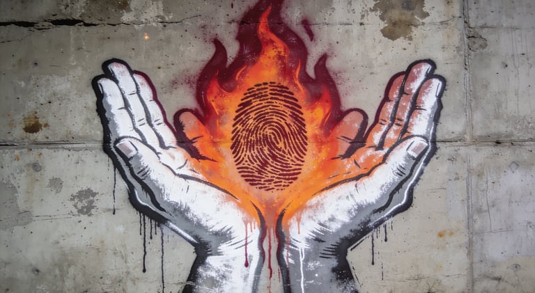 Two palms facing upwards holding a flame with a human fingerprint