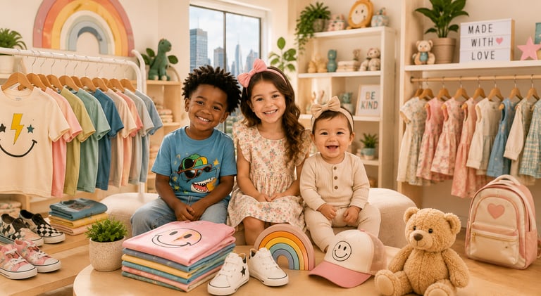 Three smiling children sitting in a trendy boutique featuring colorful organic cotton kids' clothing and accessories.