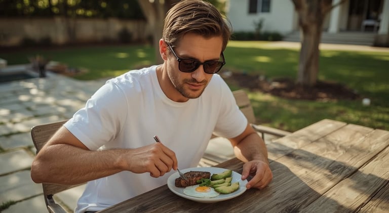 a man eating steak and eggs for high-protein breakfast