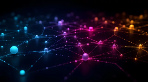 Colorful network of connected nodes representing data pipelines, insights, and analytics 