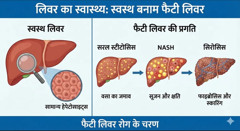 Medical illustration comparing healthy liver vs fatty liver cross-section, showing fat deposits