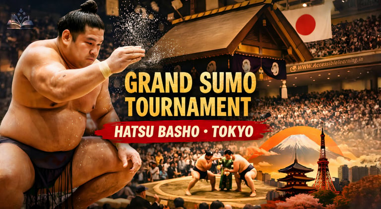 Professional sumo wrestler throwing salt during a Grand Sumo Tournament in Tokyo, Japan.