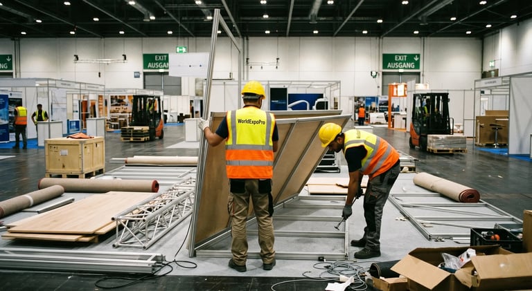 Workers dismantling an exhibition stand at a trade show event center in Dubai