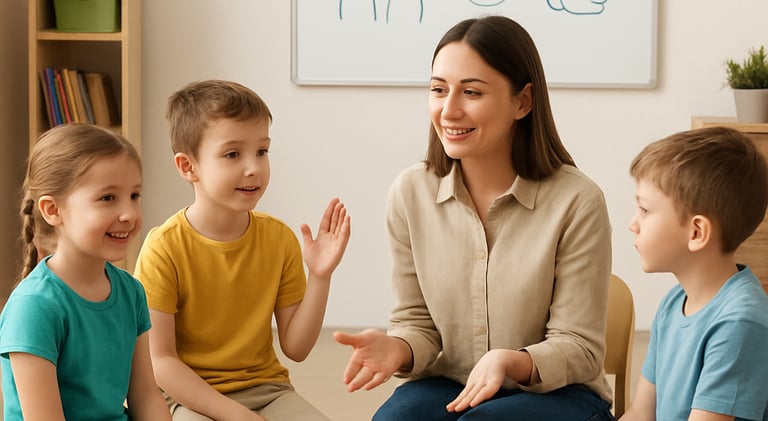 A therapist gently guiding a child through a playful occupational therapy session in a bright, welcoming room.