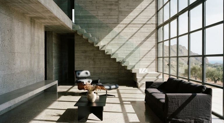 Architectural interior of a modern concrete villa, dramatic natural light casting sharp shadows from high windows onto a polished floor, minimalist furniture, medium format film look.