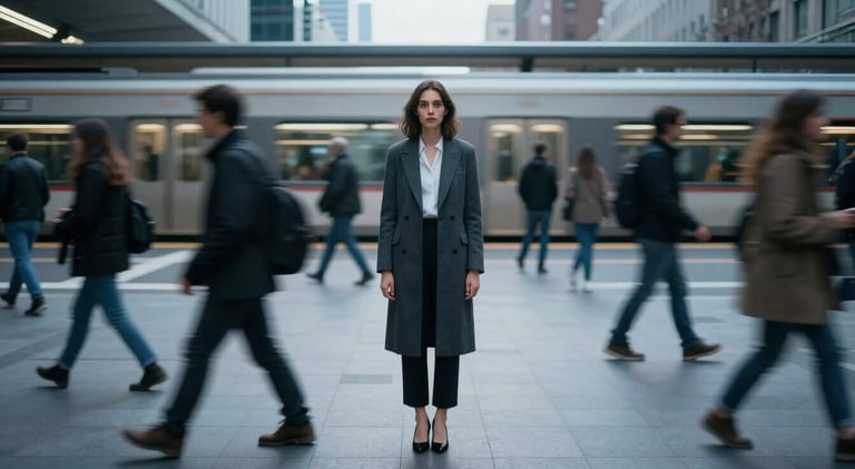 Woman standing perfectly still while blurred crowd moves around her in motion