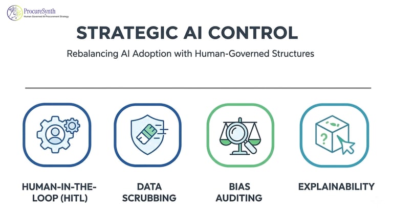 Strategic AI control infographic showing human-governed structures like HITL, data scrubbing, bias auditing, and