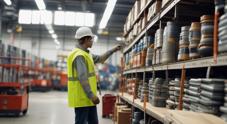 A warehouse shelf stocked with various high-quality Korean industrial supplies, showcasing organized inventory.