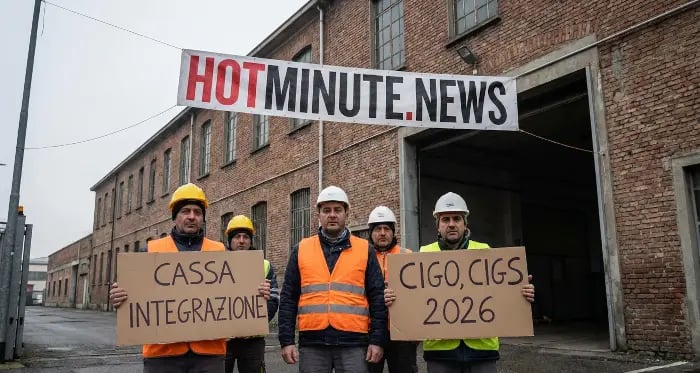 Gruppo di operai davanti a un edificio con caschi e gilet ad alta visibilità, in un contesto che ric