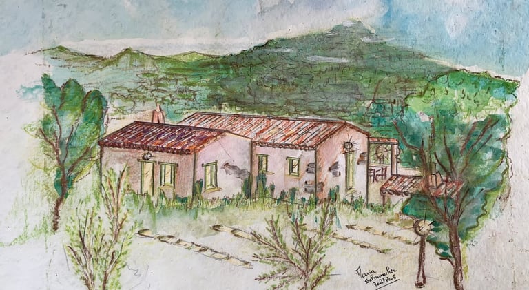 Artistic painting of Agrisole agriturismo, farm stay and restaurant in the Sardinian countryside near Olbia and Porto Rotondo
