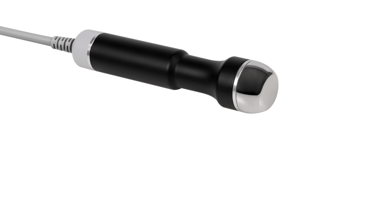 Professional ultrasound therapy wand with ergonomic black handle and chrome head for muscle recovery.