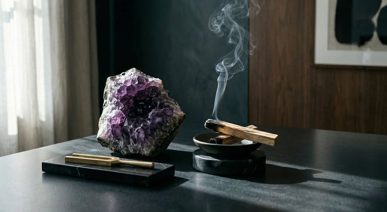Amethyst, palo santo, and 528Hz tuning fork used in Ricardas Miliusis therapy sessions