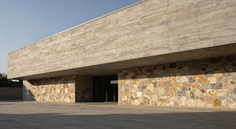 Wide panoramic architectural shot of a minimalist concrete and stone building exterior under dramatic low-angle daylight