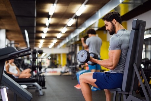 A muscular man performing seated bicep curls with dumbbells at a modern gym.