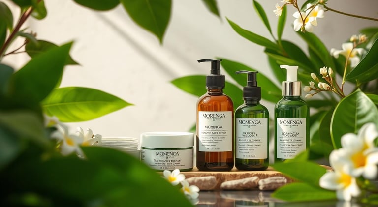 moringa spa products surrounded by greenery
