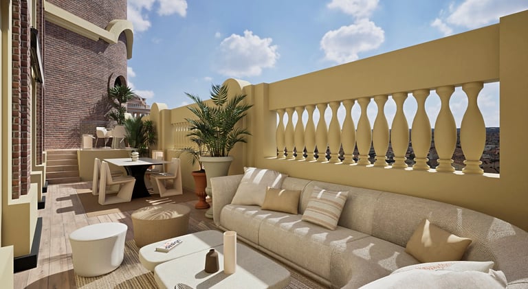 Render 3D de salón exterior con sofá y mesa baja junto a balaustrada