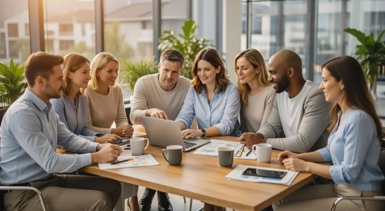 Equipo de marketing revisando estrategia de contenido SEO para empresas alrededor de una laptop