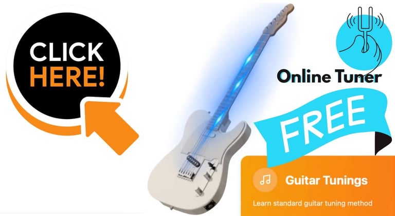 Free online guitar tuner tool featuring a white electric guitar with blue glowing strings.