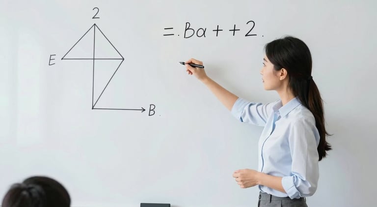 A teacher explaining a geometry theorem on a clean whiteboard, active learning, bright classroom lighting