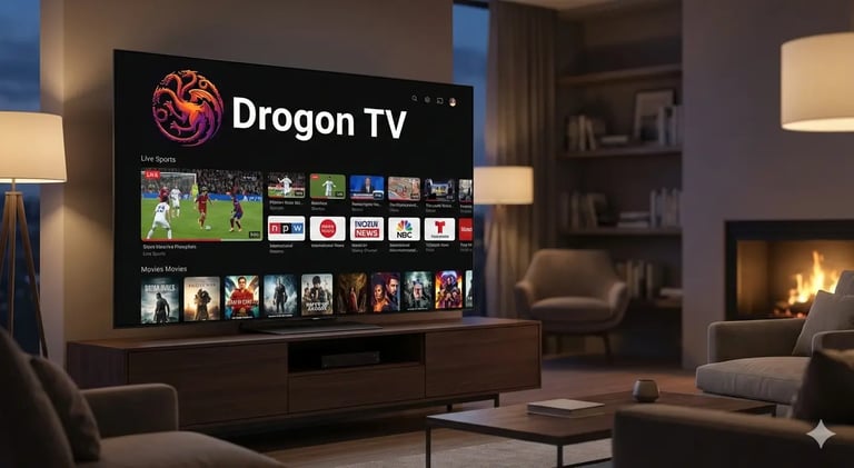 Drogon TV streaming interface on a smart TV in a cozy living room with a fireplace.