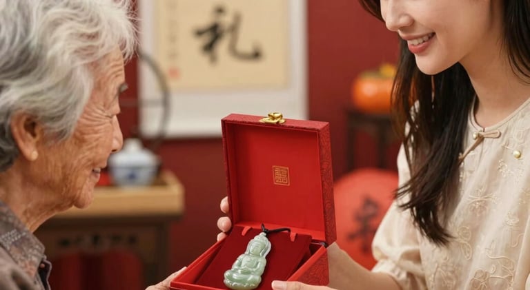 Close-up of elegant jade pendants glowing softly against a light green background.