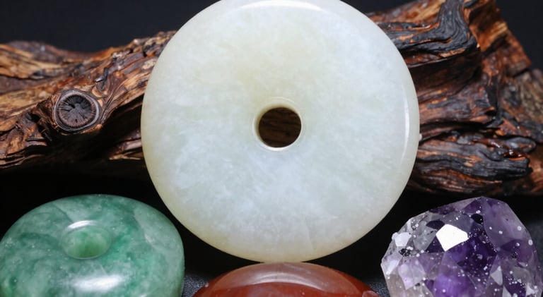 Close-up of elegant jade pendants glowing softly against a light green background.