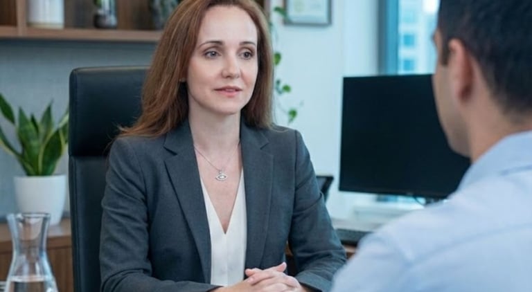 Psicanalista Cíntia Garcia em ambiente de consultório executivo moderno, transmitindo autoridade