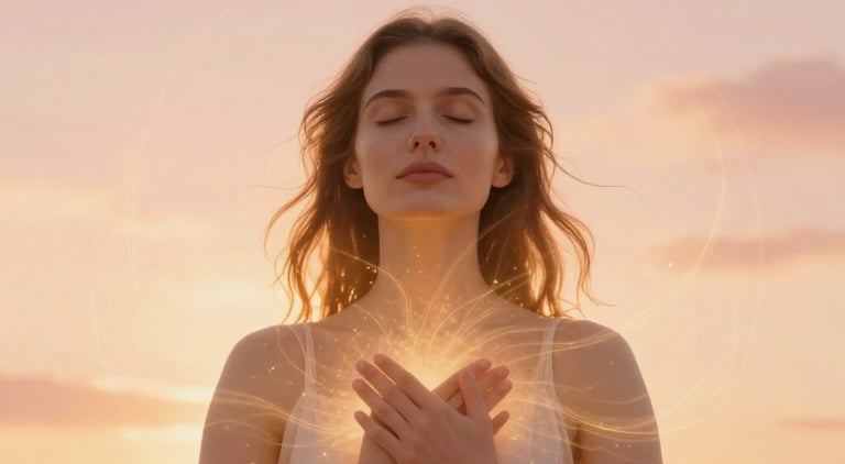 Woman manifesting abundance with hands on heart surrounded by golden energy light