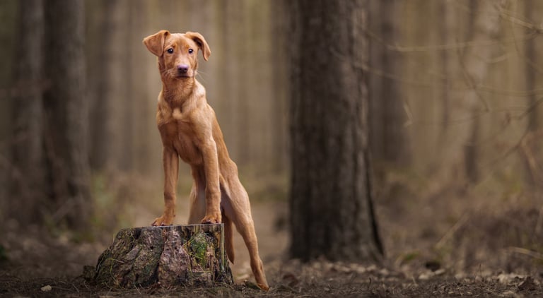 A Fox Red Labrador puppy standing on a mossy tree stump during pet photography in wakefield