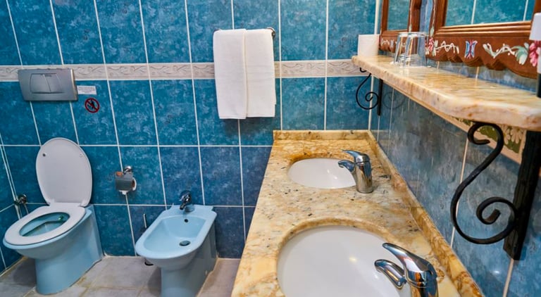 Baño con cerámicas antiguas azules y tope de granito con lavamanos bajo tope.