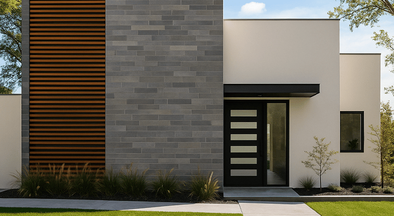 Fachada de lujo con porcelanato tipo piedra y tipo cemento en Zeramiq, Caracas.