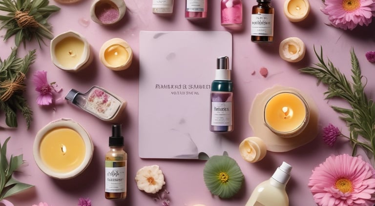 A collection of wellness products is displayed, including a brown glass dropper bottle with a blue label, jars with cream-colored labels, a small bowl with powder, and several capsules scattered on a light surface. Packaging with minimalist design features the brand 'beam' and labels such as 'clarity,' 'the fixer,' and 'revive.'