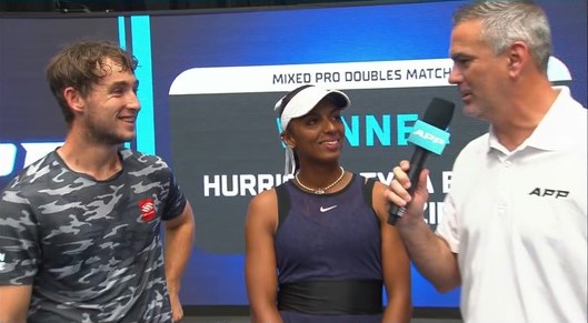 Dylan Frazier and Hurricane Tyra Black being interviewed by Dominic Catalano