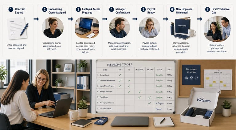 Structured employee onboarding process improving readiness, accountability and new starter experience.