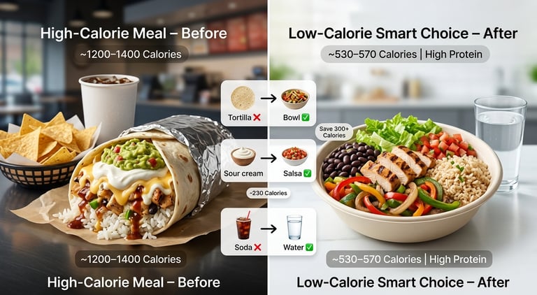 High-calorie Chipotle burrito compared to low-calorie burrito bowl with healthy ingredients and wate
