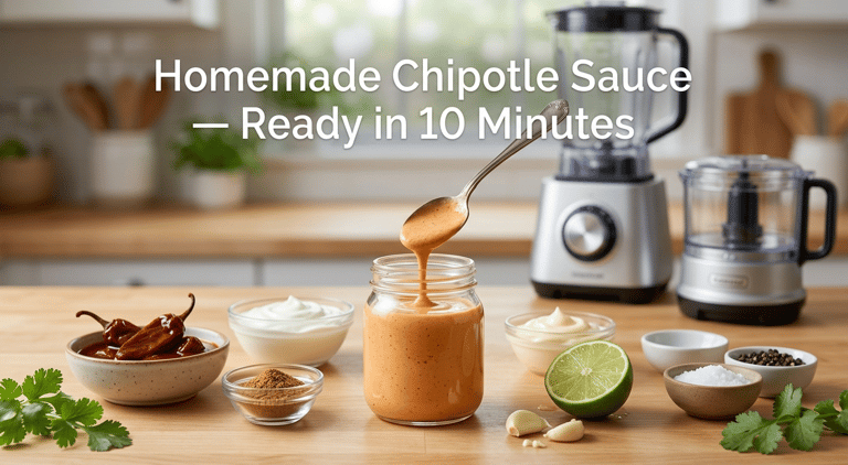 Homemade creamy chipotle sauce in a jar with Greek yogurt, chipotle peppers, lime, garlic, and spice
