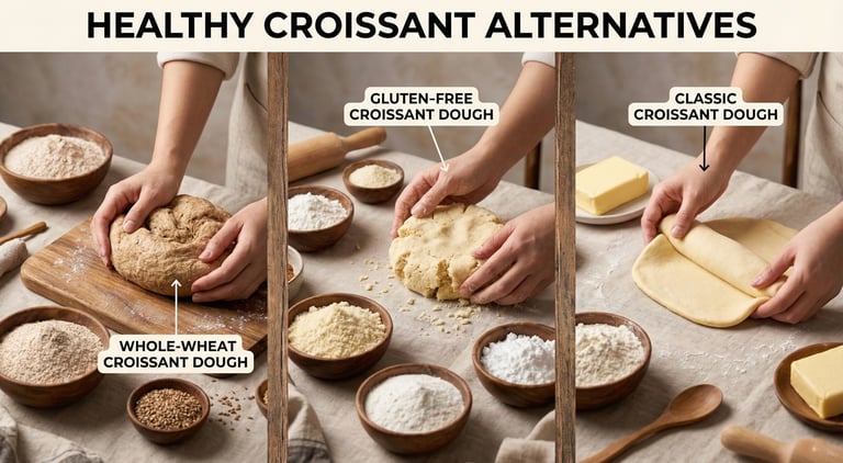 Whole-wheat and gluten-free croissant dough options shown for healthier, lower-calorie croissants