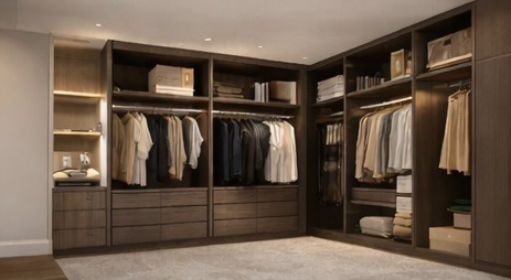 Luxury dark wood walk-in closet with custom shelving, hanging racks, and integrated LED lighting.