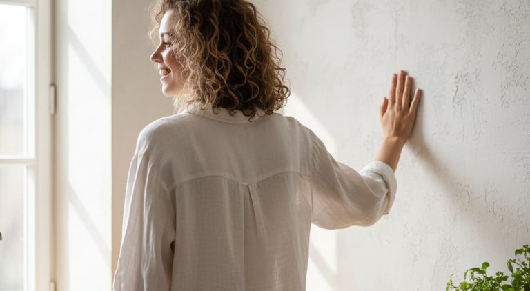 a woman in a white shirt is standing in front of a window