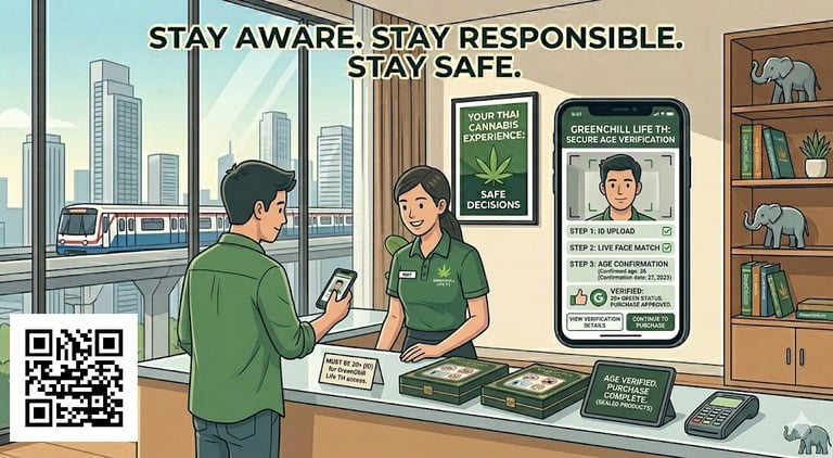 Customer verifying age for cannabis purchase in Thailand using mobile system showing legal compliance