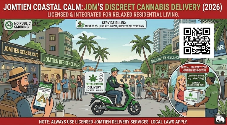 Cannabis delivery in Jomtien Pattaya showing relaxed beach lifestyle with weed access for tourists and residents in Thailand