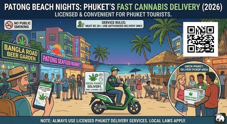 Cannabis delivery in Patong Phuket showing nightlife beach area with fast weed access for tourists in Thailand