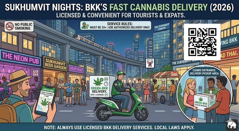 Cannabis delivery in Sukhumvit Bangkok showing urban lifestyle fast weed access for tourists and expats in Thailand
