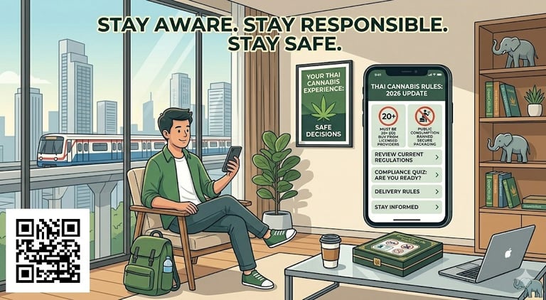 Tourist checking cannabis laws in Thailand on phone while staying in Bangkok apartment showing safe and responsible