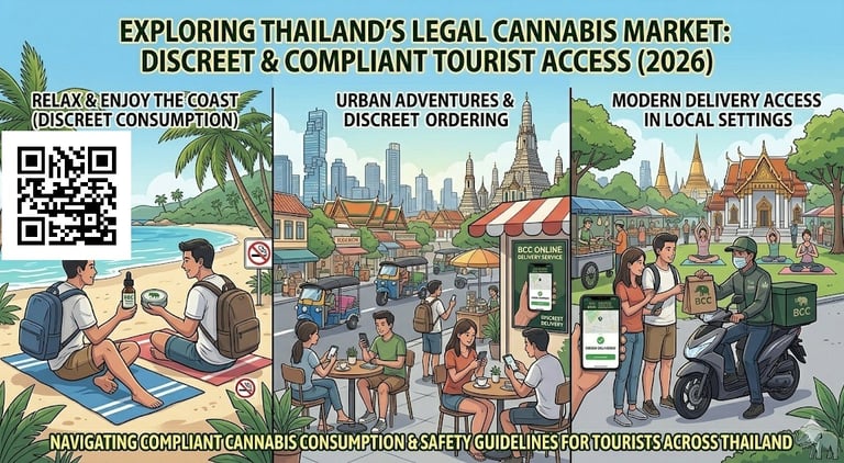 Cannabis tourism Thailand showing travel lifestyle with weed access in Bangkok Phuket Chiang Mai for international visitors