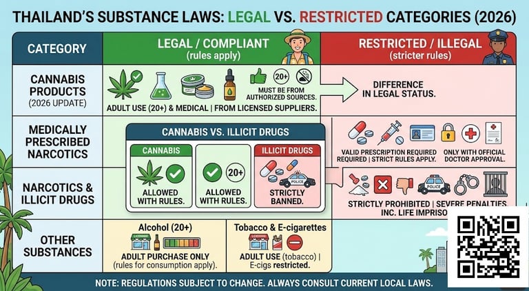 Thailand drug laws overview showing legal cannabis vs restricted substances for tourists in Bangkok Phuket Chiang Mai Pattaya