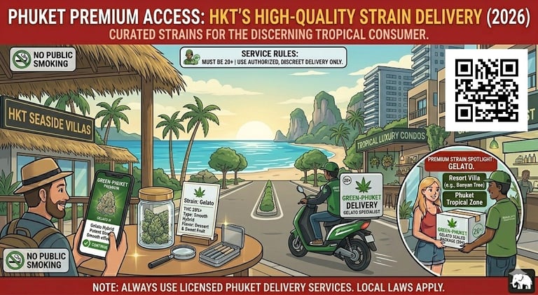 Gelato cannabis delivery in Phuket showing premium hybrid weed strain with tropical beach environment and fast access 