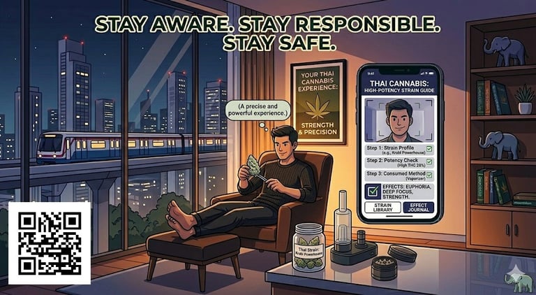 Experienced cannabis user enjoying strong high THC weed in Thailand indoor setting showing Green Chill premium strain