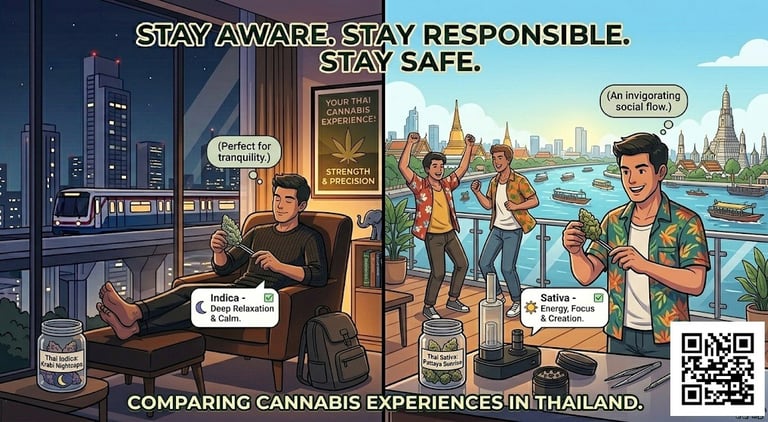 Indica vs sativa cannabis comparison showing relaxing night effects and energetic daytime effects for weed users in Thailand